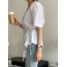 Solid Button Tie  Up Lapel Short Sleeve Casual Cotton Blouse