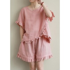 Loose linen suit female lace irregular round neck short sleeve T-shirt shorts two-piece suit