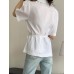 Solid Button Tie  Up Lapel Short Sleeve Casual Cotton Blouse