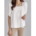 Solid Lace Patchwork Square Collar Short Sleeve Casual Cotton Blouse