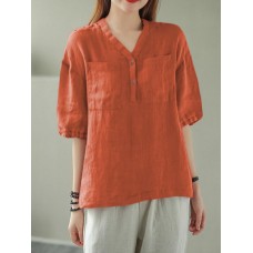 Solid Button Pocket V Neck Half Sleeve Casual Cotton Blouse